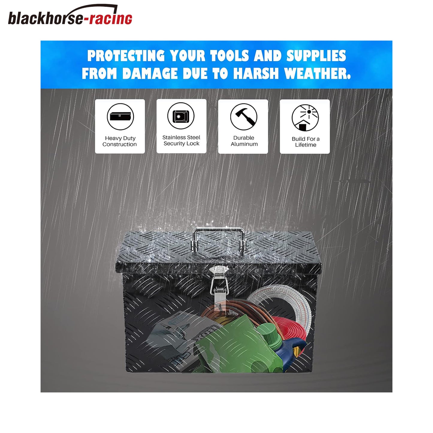 
                  
                    40.64 cm × 19.5 cm × 25.4 cm – Heavy-duty black aluminum truck bed toolbox with lock and T-shaped handle lock key; 5-piece tire tool kit; truck trailer underbody storage box
                  
                