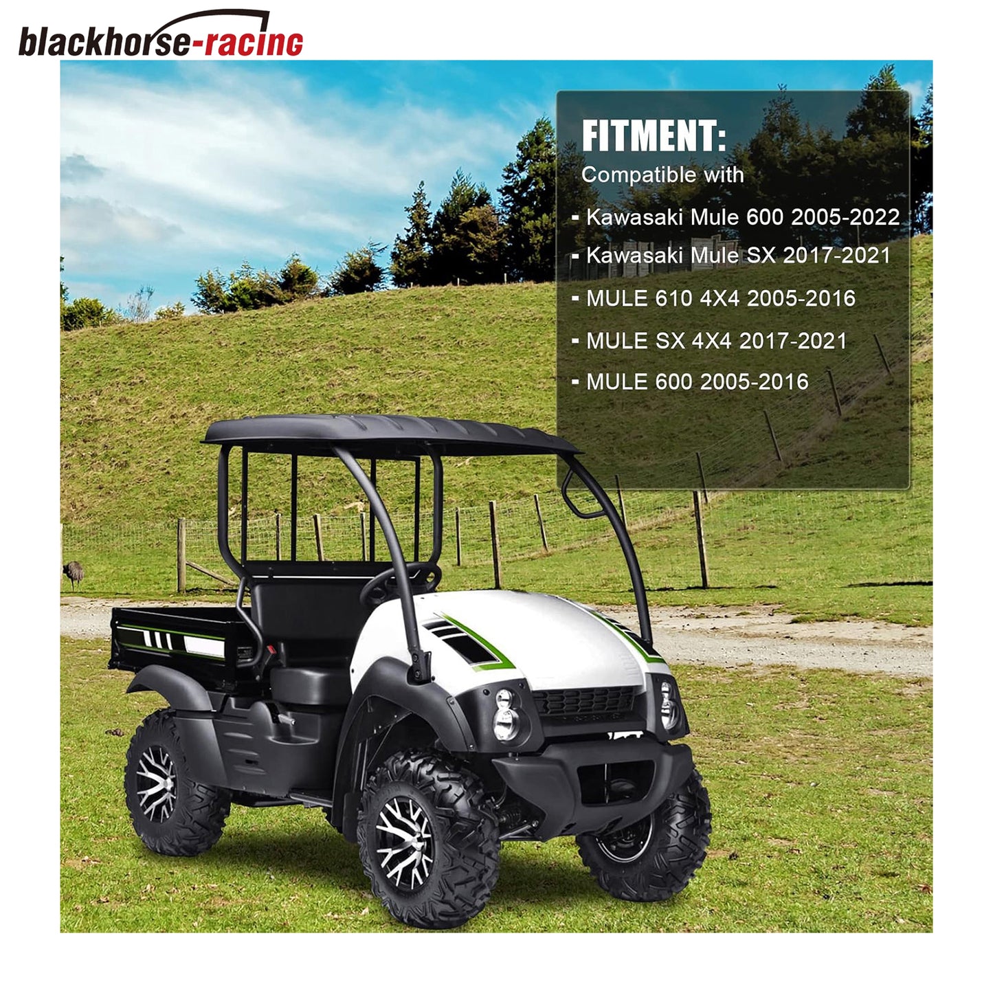 
                  
                    Hard Top Roof Black Compatible with 2005-2022 Kawasaki Mule 600 / 610 SX 4X4# KAF600-005B ,2-piece Combination Roof
                  
                