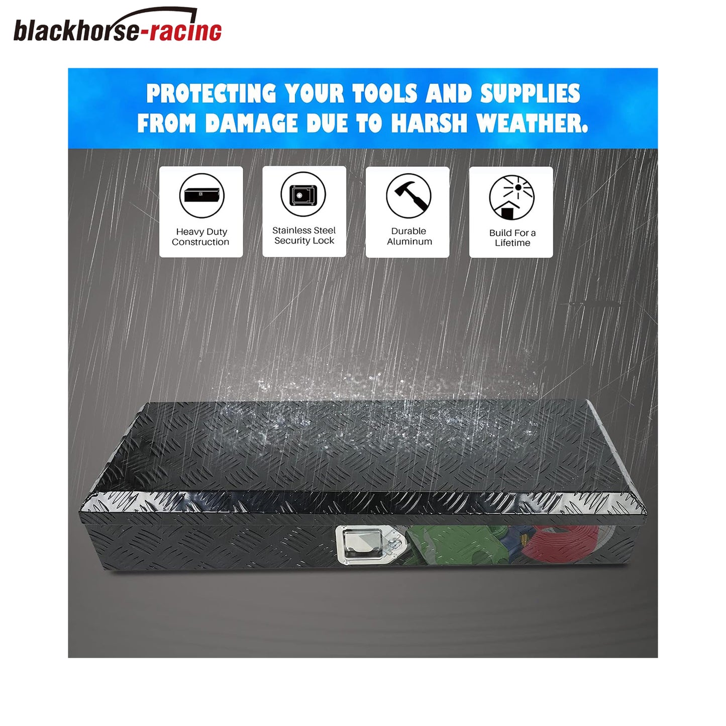 
                  
                    34.5 × 12.75 × 6.4 inches – Black aluminum pickup truck bed storage trailer tongue tool box with lock and key; 5 pedals
                  
                