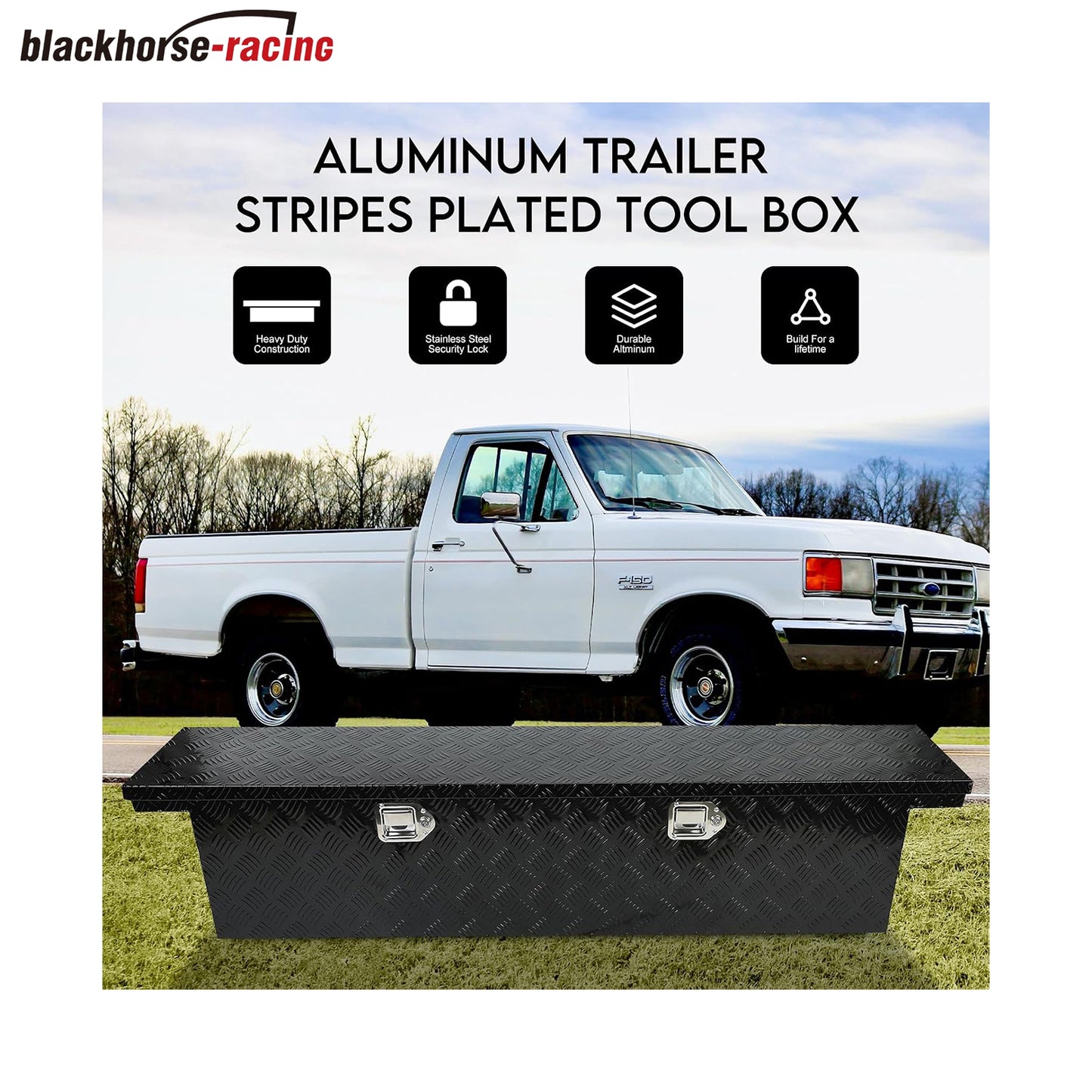 
                  
                    BLACKHORSE-RACING Heavy-Duty Aluminum Pickup Truck Workbench – 5-Ply Tire Pattern Truck Toolbox with Side Handle, Lock and Key – 63 x 12.2 x 11.8 inches – Black
                  
                