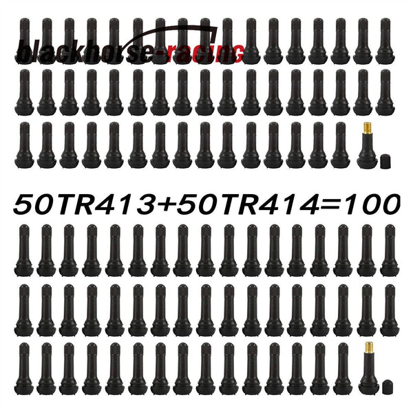 Tire Valve Stems w/ Cap Black Rubber Alloy (TR413 + TR414) Snap-in 100PCS