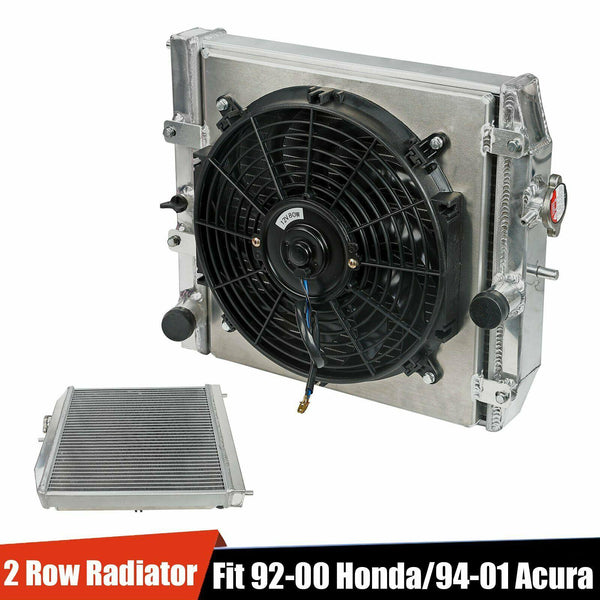 Aluminum 2 Row Racing Radiator + Fan Shroud Fit 92-00 Honda Civic /Acura Integra - www.blackhorse-racing.com
