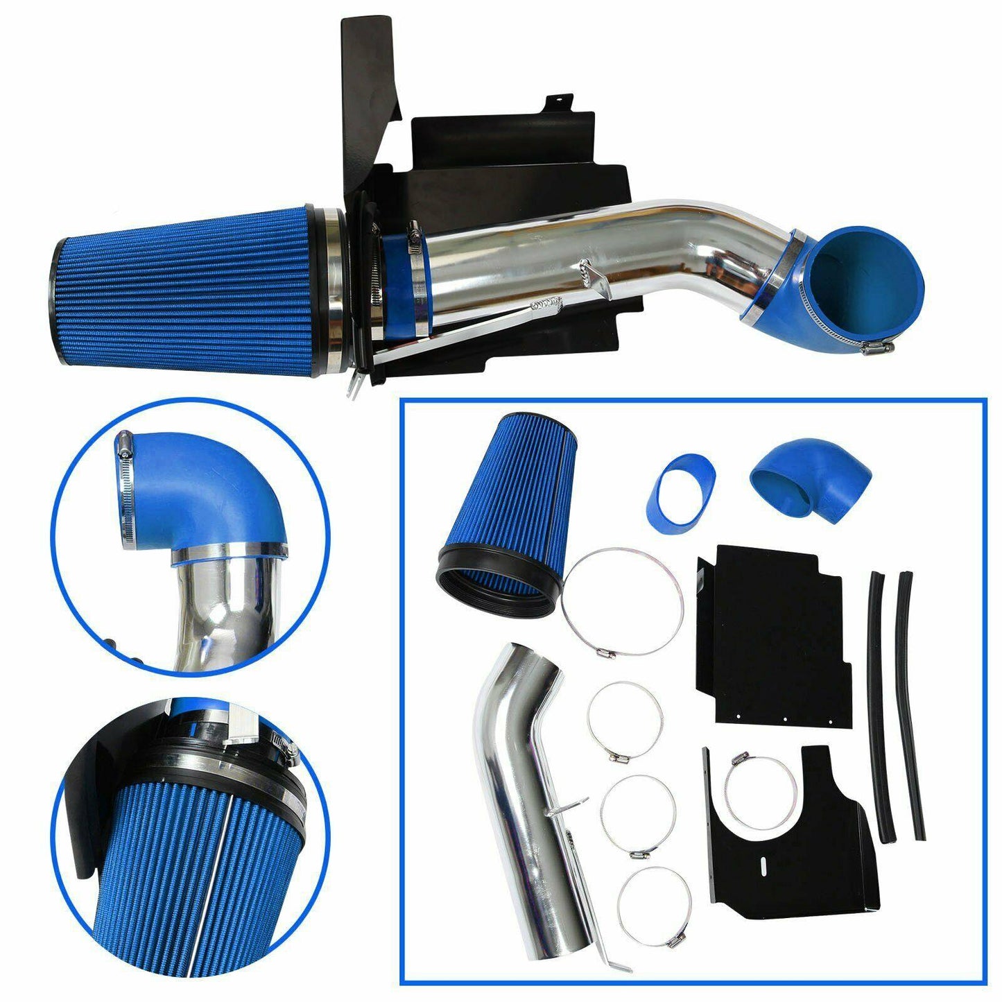 Fit GMC/Chevy V8 4.8L/5.3L/6.0L Cold Air Intake System + Heat Shield Filter Blue - www.blackhorse-racing.com