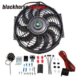 12" Electric Radiator Cooling Slim Push Fan & 30" Thermostat Switch Relay Kit