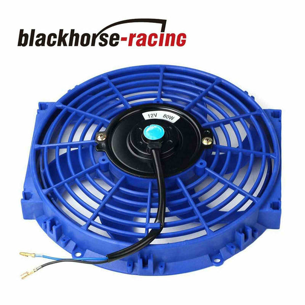 BLUE 10"Electric Radiator Slim Push Cooling Fan w/ Thermostat Relay Mounting Kit