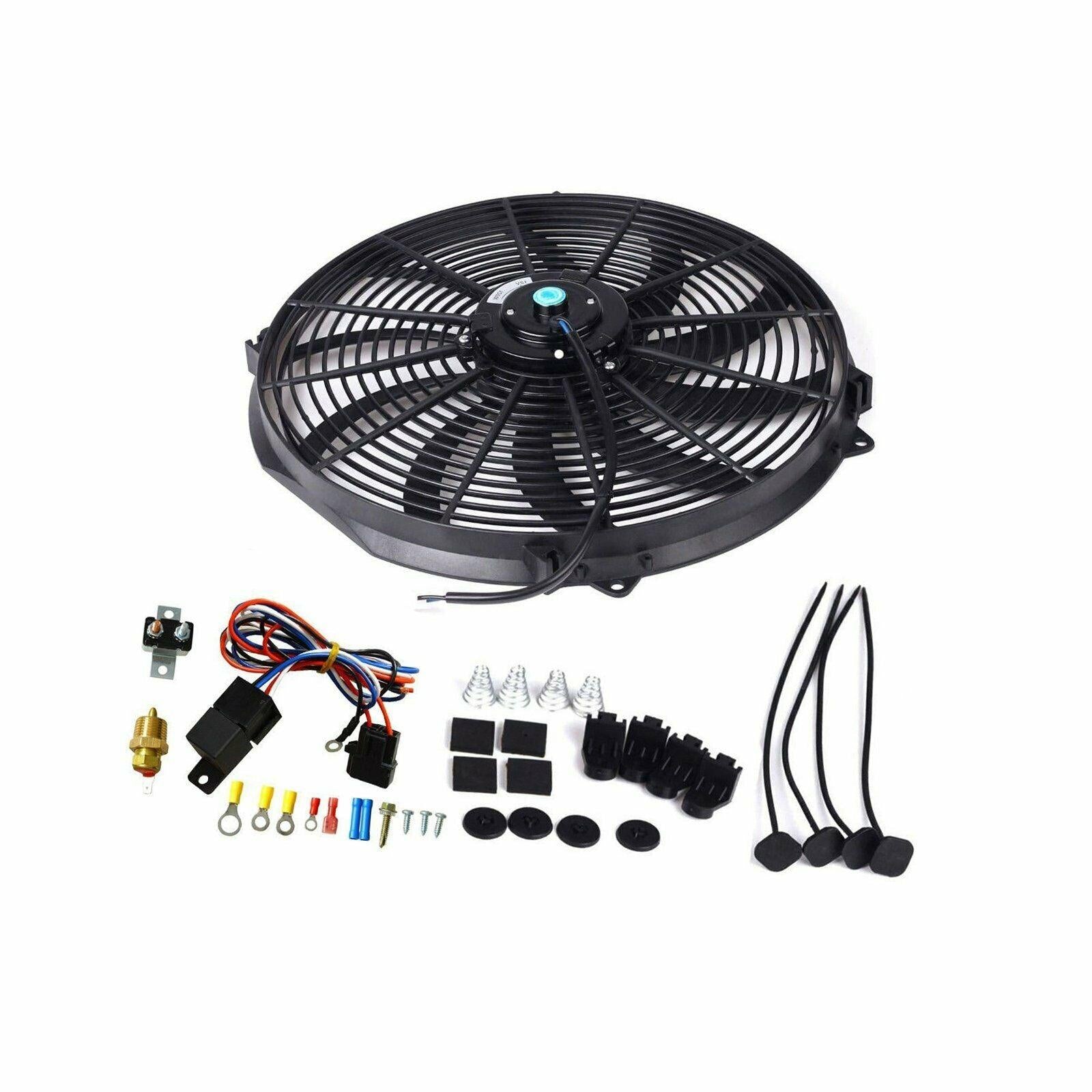 16" BLACK ELECTRIC RADIATOR COOLING FAN+3/8" PROBE GROUND THERMOSTAT SWITCH KIT - www.blackhorse-racing.com