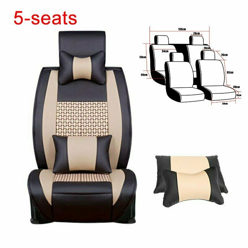 5 Seats Cushion w/ Pillows Car Seat Cover Front + Rear PU Leather + Cooling Mesh - www.blackhorse-racing.com