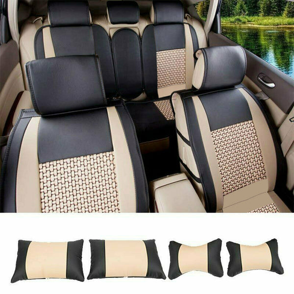 5 Seats Cushion w/ Pillows Car Seat Cover Front + Rear PU Leather + Cooling Mesh - www.blackhorse-racing.com