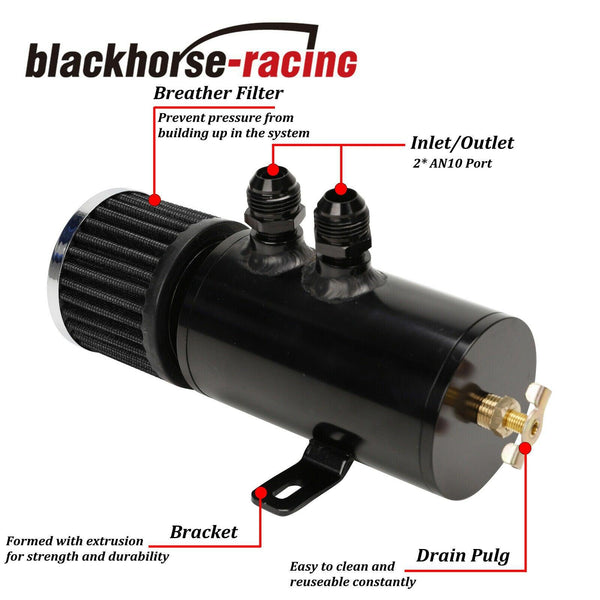 10AN Oil Catch Tank Reservoir Can Polished Aluminum W/ Breather Filter Baffled - www.blackhorse-racing.com