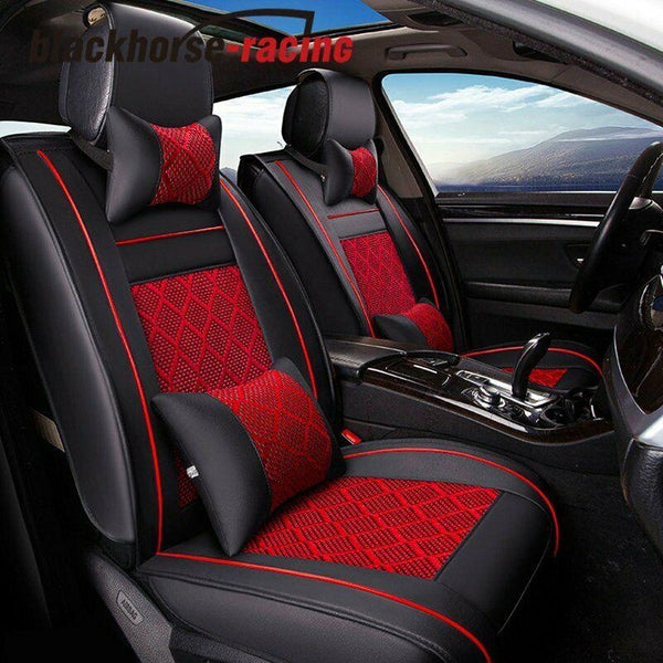 Front + Rear 5-Seat SUV Seat Cover Cooling Mesh PU Leather Car Cushion w/Pillow - www.blackhorse-racing.com
