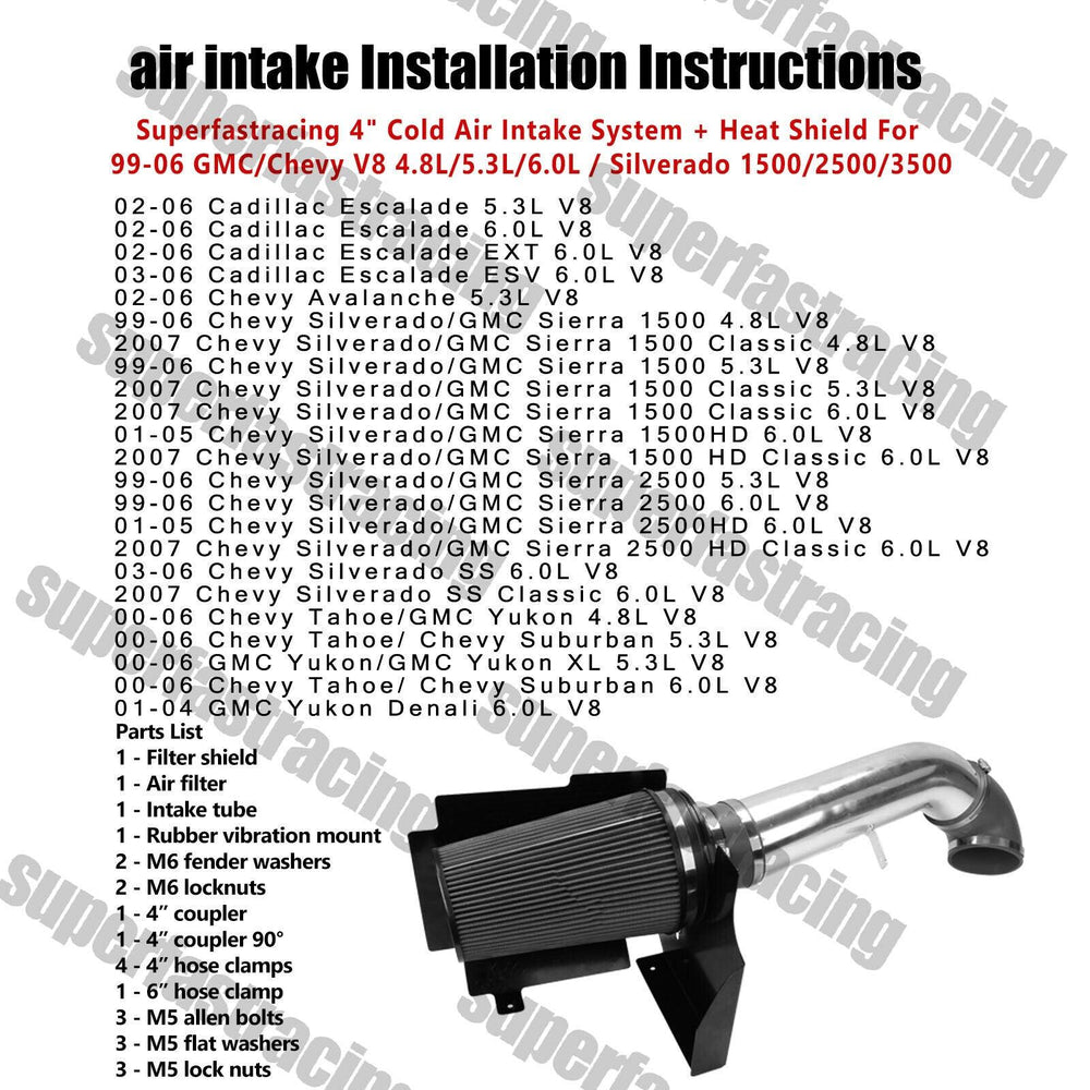 Fit GMC/Chevy V8 4.8L/5.3L/6.0L Cold Air Intake System + Heat Shield Filter Blue - www.blackhorse-racing.com