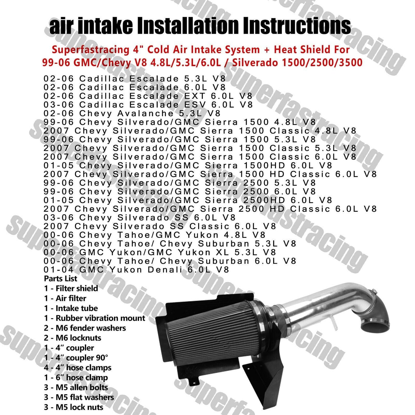 Fit GMC/Chevy V8 4.8L/5.3L/6.0L Cold Air Intake System + Heat Shield Filter Blue - www.blackhorse-racing.com