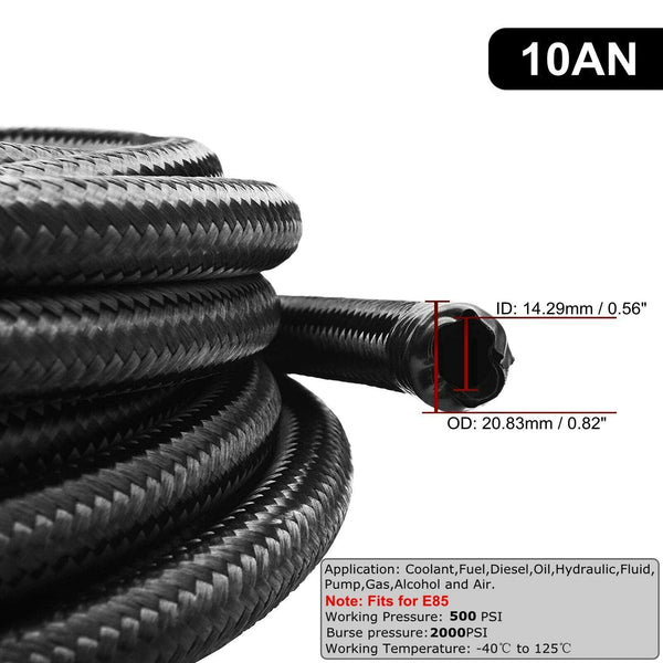 10AN 10 Feet Black AN10 Nylon And Stainless Steel Braided Fuel Oil Gas Line Hose - www.blackhorse-racing.com