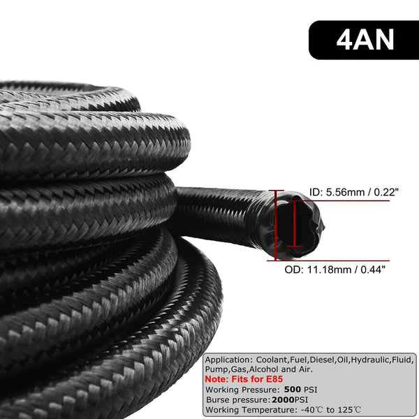 10 Feet AN4 -4AN AN-4 Black Nylon Stainless Steel Fuel Gas Oil Water Hose Line - www.blackhorse-racing.com