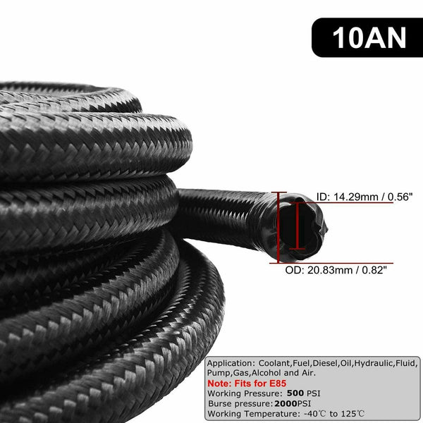 5 Feet Black AN10 Nylon & Stainless Steel Braided Fuel Oil Gas Line Hose 10AN - www.blackhorse-racing.com