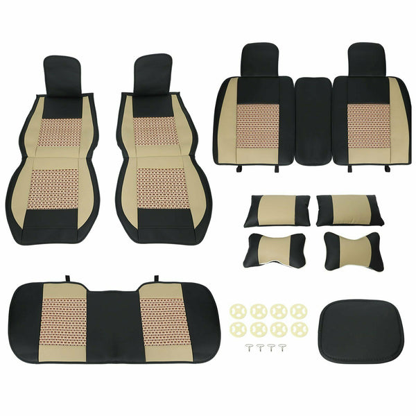 5 Seats Cushion w/ Pillows Car Seat Cover Front + Rear PU Leather + Cooling Mesh - www.blackhorse-racing.com