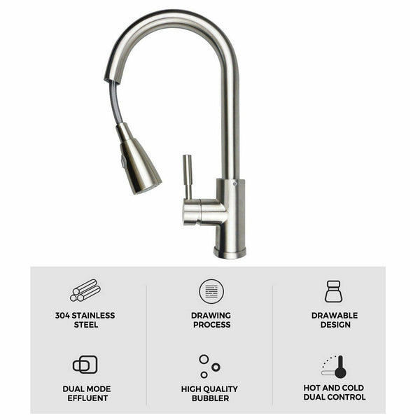 Brushed Nickel Kitchen Sink Faucet Pull Out Sprayer Mixer Single Hole+ Cover - www.blackhorse-racing.com