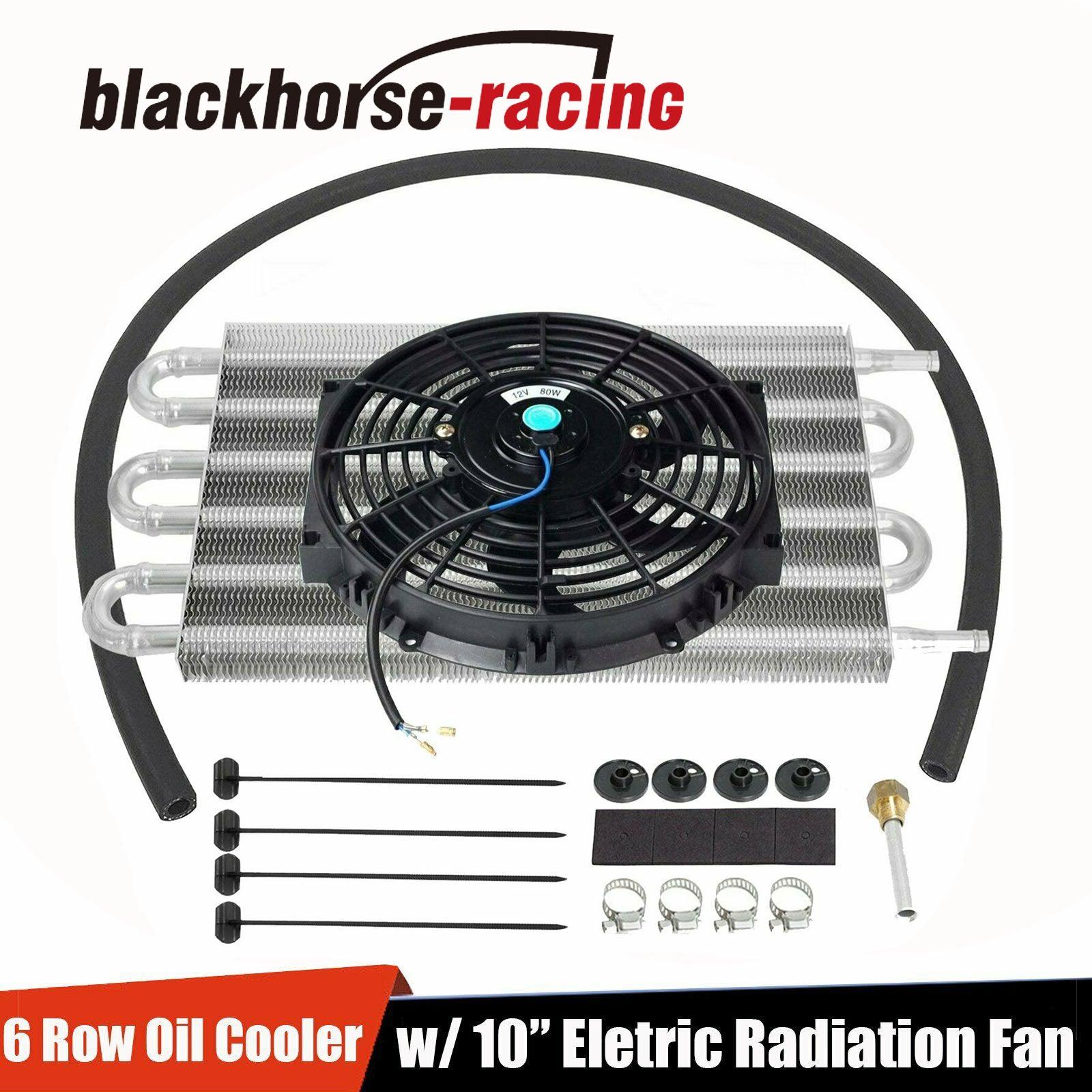 Aluminum 6 Row Radiator Remote Transmission Oil Cooler & 10" Cooling Fan w/ Kit - www.blackhorse-racing.com
