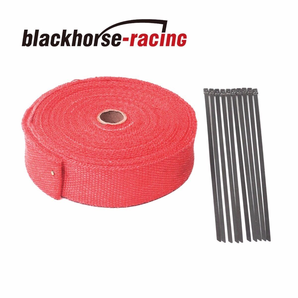 Red 2'' x 50FT (15M) Exhaust Header Fiberglass Heat Wrap Tape w/10 Steel Ties - www.blackhorse-racing.com