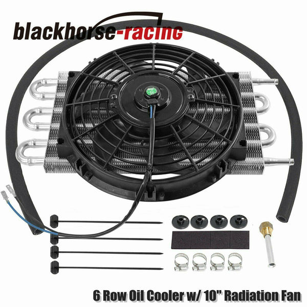 Aluminum 6 Row Radiator Remote Transmission Oil Cooler & 10" Cooling Fan w/ Kit - www.blackhorse-racing.com