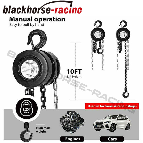 1 Ton 10Ft Manual Hand Chain Puller Block Hoist w/ 2 Hooks Ratchet Type Black