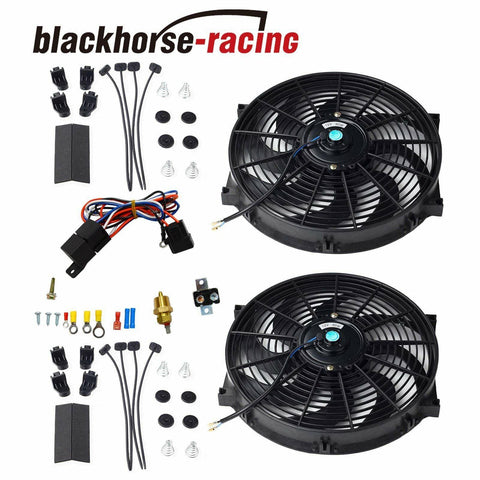 2X 14'' ELECTRIC COOLING RADIATOR FAN 3/8'' PROBE GROUND+THERMOSTAT SWITCH KIT BK - www.blackhorse-racing.com