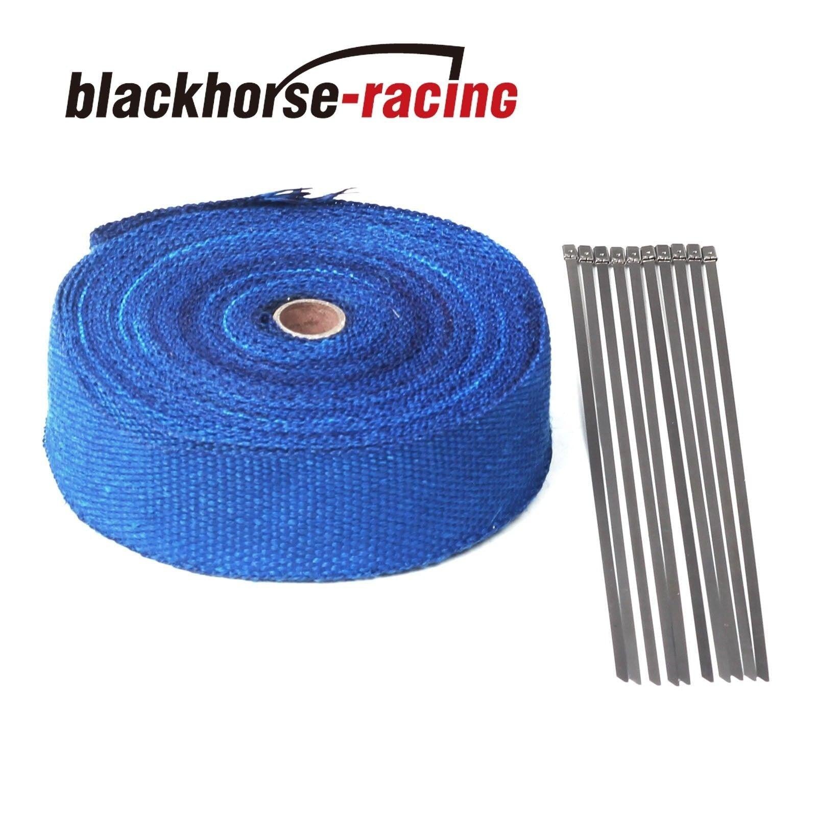 Blue 2'' x 50FT (15M) Exhaust Header Fiberglass Heat Wrap Tape w/10 Steel Ties - www.blackhorse-racing.com