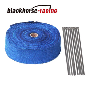 Blue 2'' x 50FT (15M) Exhaust Header Fiberglass Heat Wrap Tape w/10 Steel Ties - www.blackhorse-racing.com
