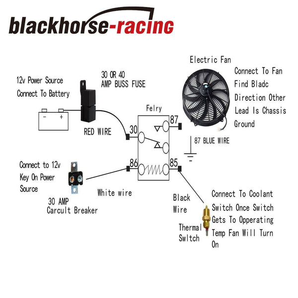 12'' Black Electric Radiator Fan High 1400+CFM Thermostat Wiring Switch Relay Kit - www.blackhorse-racing.com