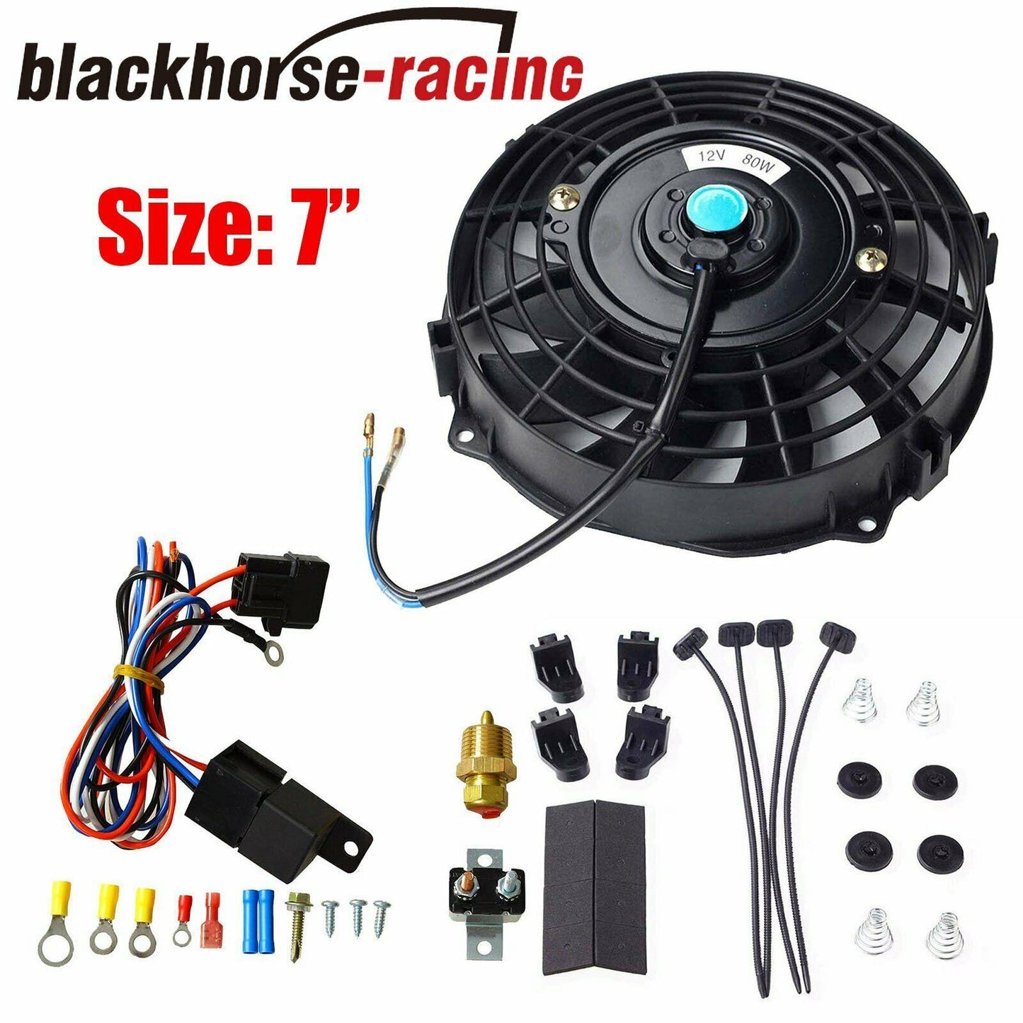 7'' Electric Radiator Cooling Fan + Thermostat Relay Install Kit Universal Black - www.blackhorse-racing.com