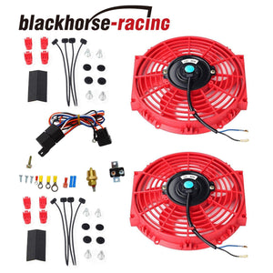 2X 10''  Red Electric Radiator Cooling Fan w/ +Thermostat Relay & Mounting Kit - www.blackhorse-racing.com